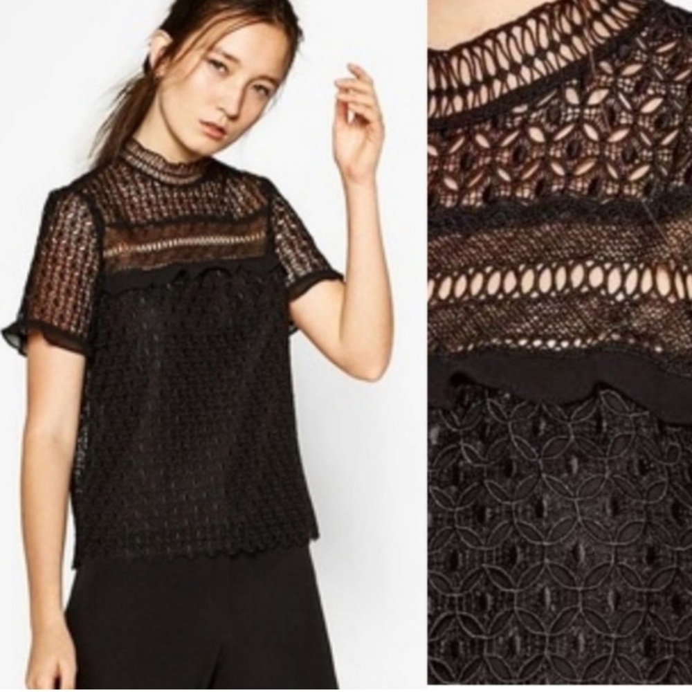 NWOT Zara Woman Guipure Lace Black Mock Neck Top